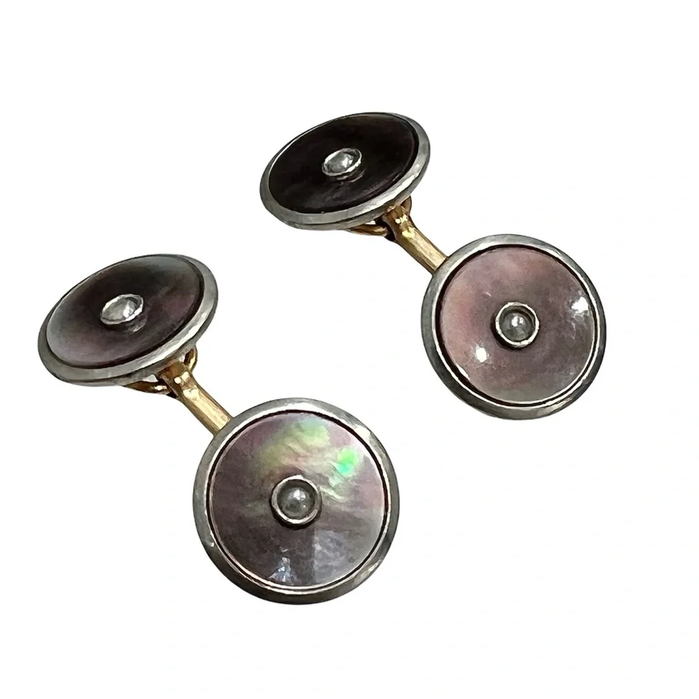 ANTIQUE LARTER & SONS MOTHER OF PEARL/ABALONE ROLLED GOLD DOUBLE SIDED CUFFLINKS